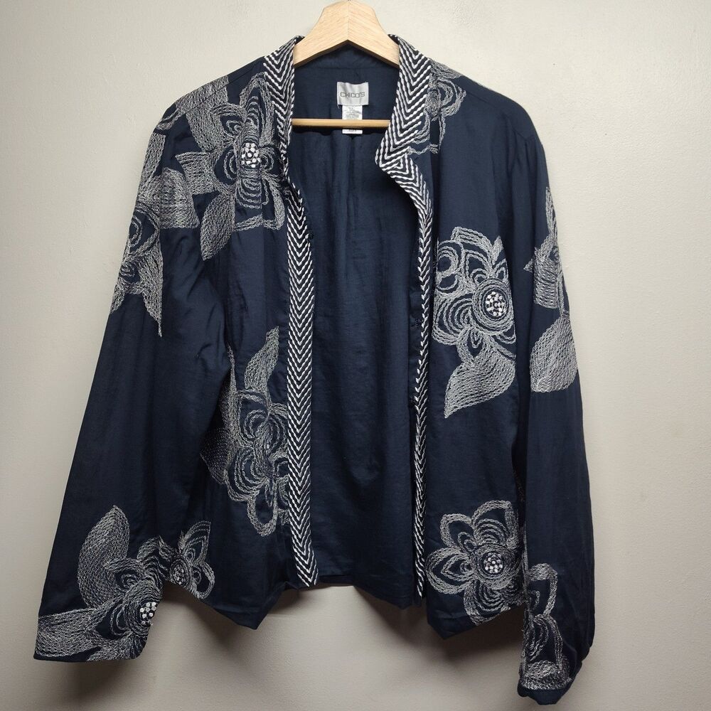 Chico's Cardigan Women Size 3 (XL) Blue Floral Embroidered Fall Feminine Casual